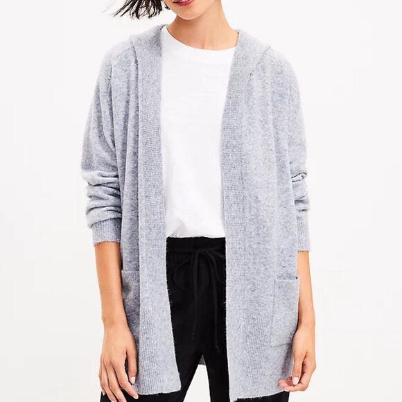 Lou & Grey NEW Hooded Pocket Open Cardigan gray wool blend oversized size Small - Picture 1 of 10